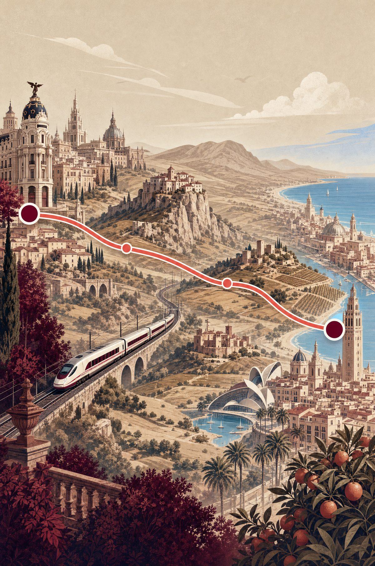 Illustrated map of the Madrid to Valencia high speed rail route